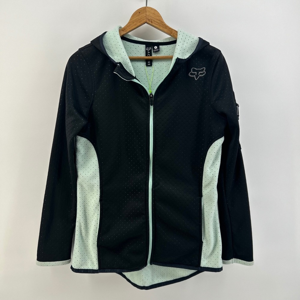 Fox Racing Active Women Black Mint Green Perforated Fleece Full Zip Hoodie Small